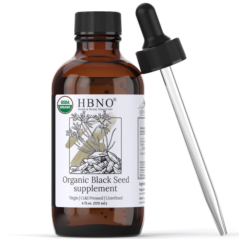 HBNO Organic Black Seed Oil - Huge 4oz (120ml) Glass Bottle Value Size - USDA Certified Organic Black Seed Oil, Cold Pressed for Face, Body, Lips, Shampoo & Conditioner - Image 1